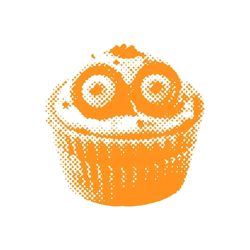 Cupcake with Zombie eyes - Halloween halftone dotted realistic clipart. Offset texture Vintage illustration in 90s grunge style vector