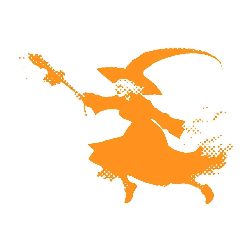 Witch with broomstick - Halloween halftone dotted realistic clipart. Offset texture Vintage illustration in 90s grunge style vector