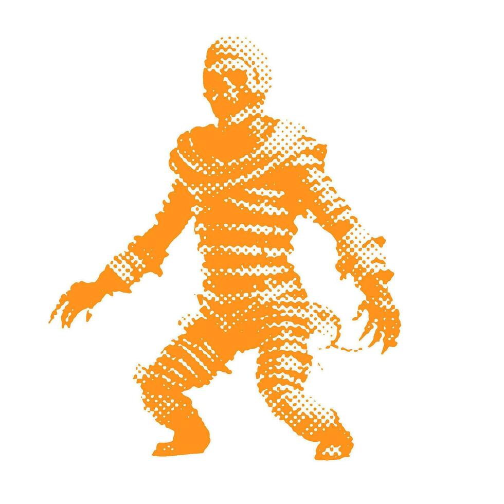 Walking mummy - Halloween halftone dotted realistic clipart. Offset texture Vintage illustration in 90s grunge style vector