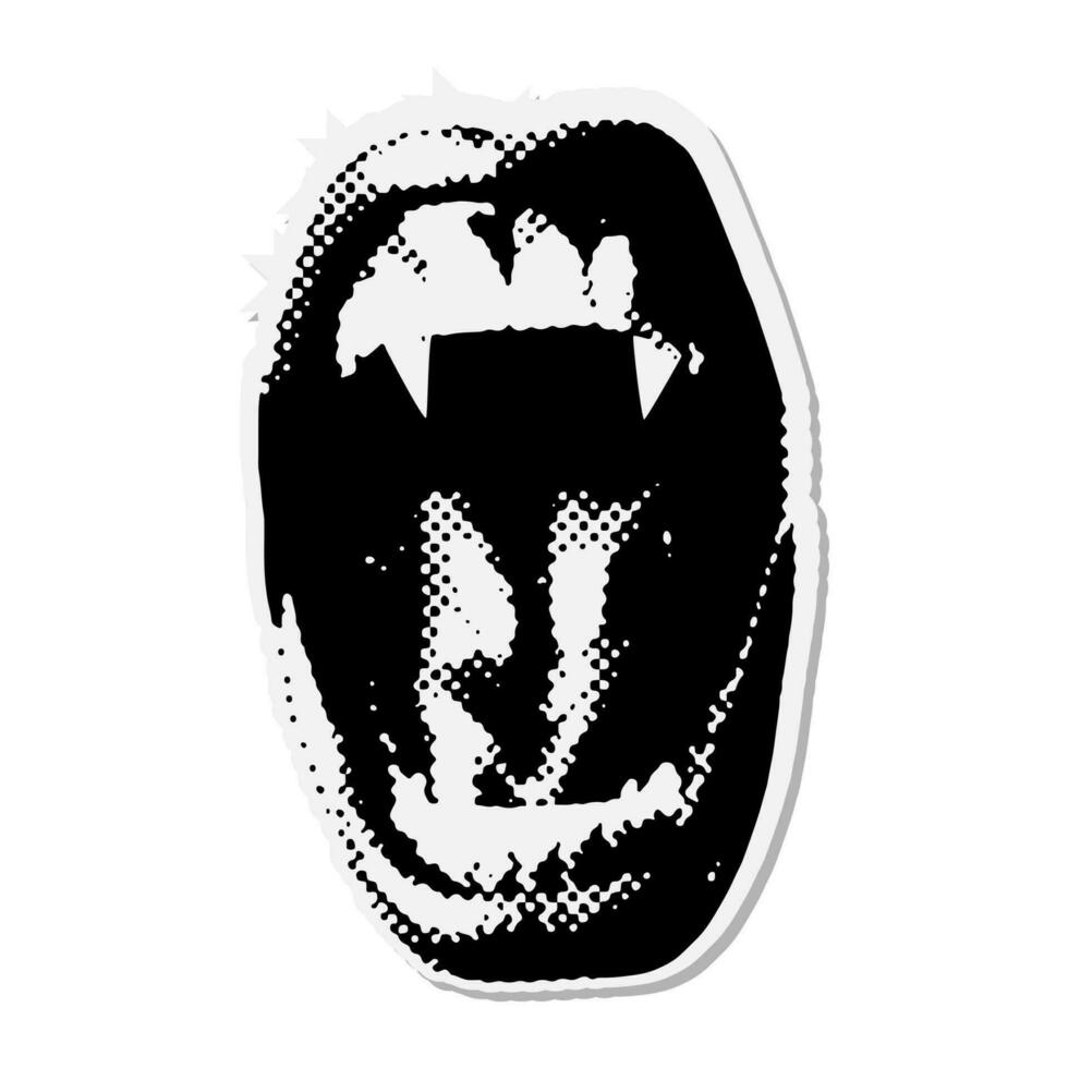 Widely Open vampire mouth with fangs - Halloween halftone mixed media collage paper sticker. Dotted Vintage illustration in 90s zine Paper piece style. vector