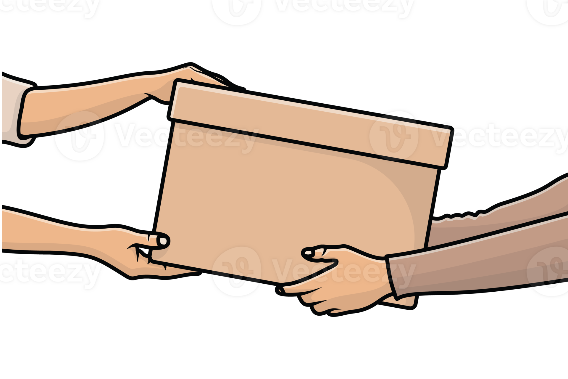 Volunteer giving a donate box to the Recipient illustration. World charity day concept. Hands