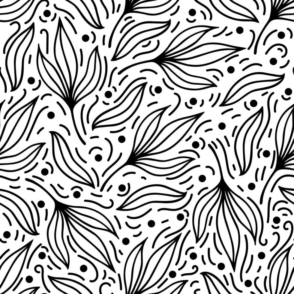 Branch with leaves seamless vector pattern. Twigs of a wild or garden tree, polka dots. Meadow herb in water. Simple doodle, botanical sketch. Black and white floral background for print, fabric, web