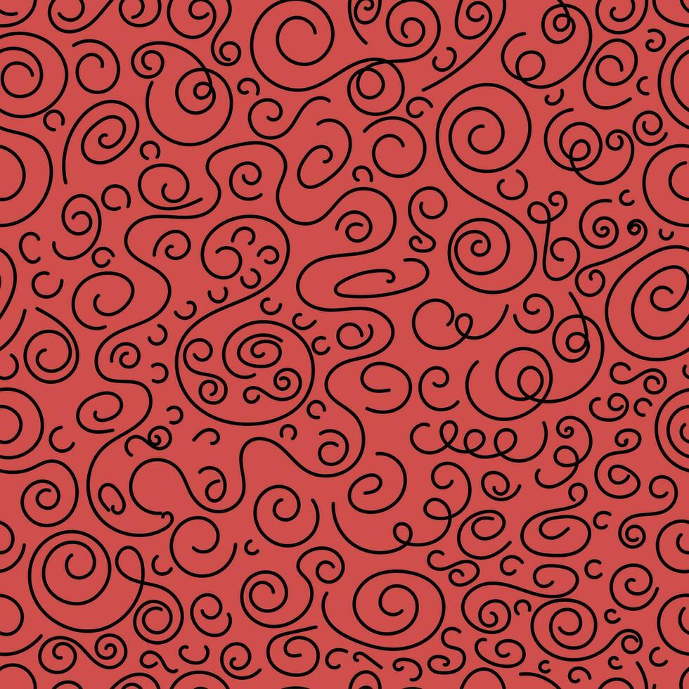 Spiral seamless pattern. Black on red background. Lines vector