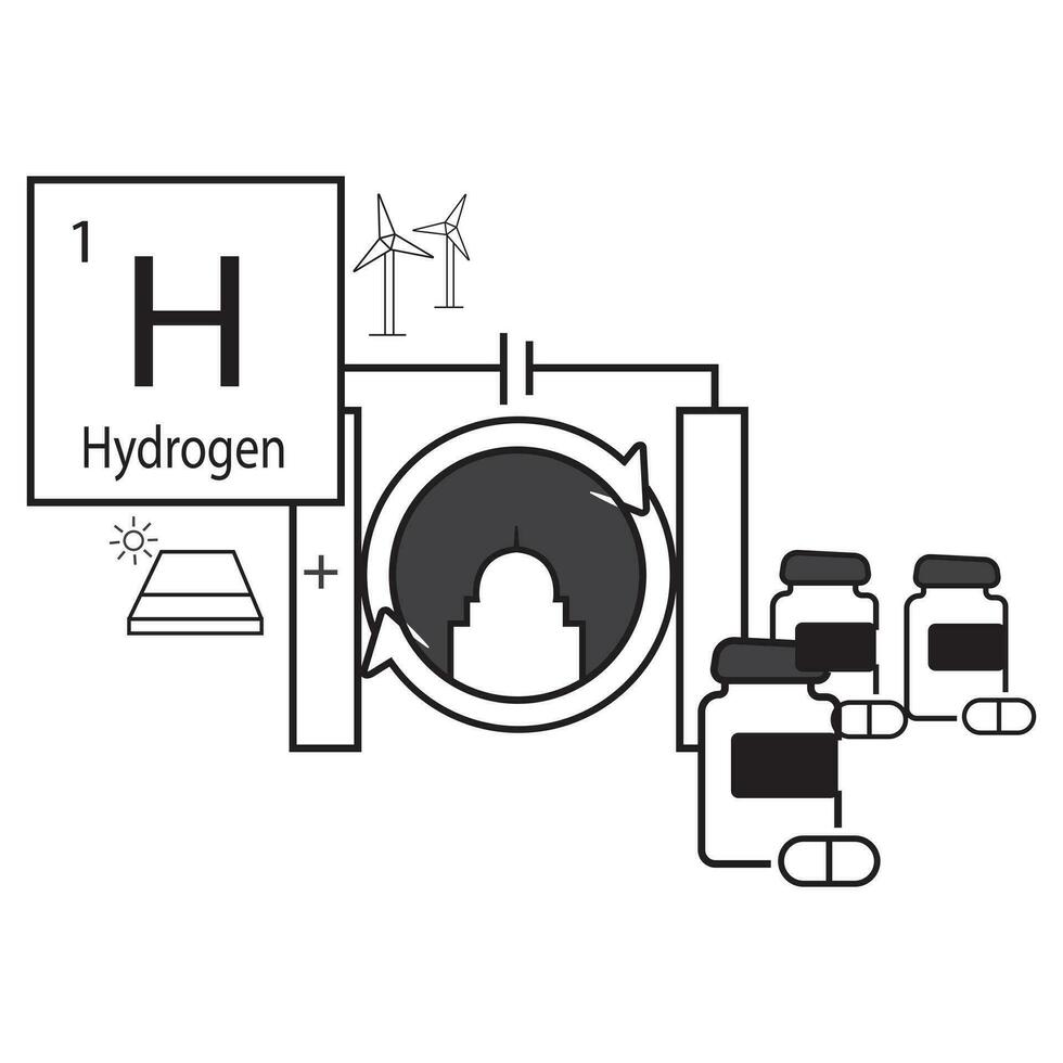 Hydrogen color icons. Green power and renewable energy simple symbols, sustainable and clean fuel outline vector icons. Truck with hydrogen gas tank, solar and wind power plant,