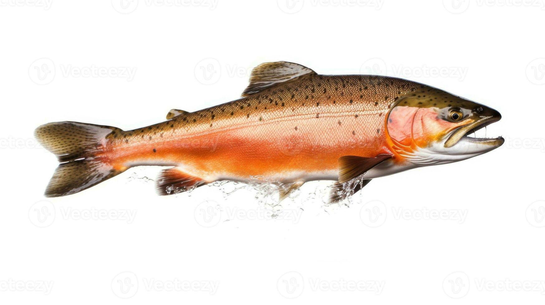 A salmon jumping out of the water isolated on white background. Salmon fish. Generative Ai photo