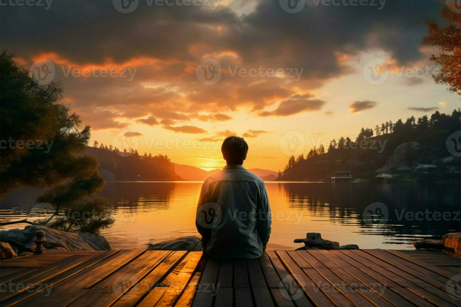 Sitting on a deck, the man gazes at the tranquil sunset AI Generated photo