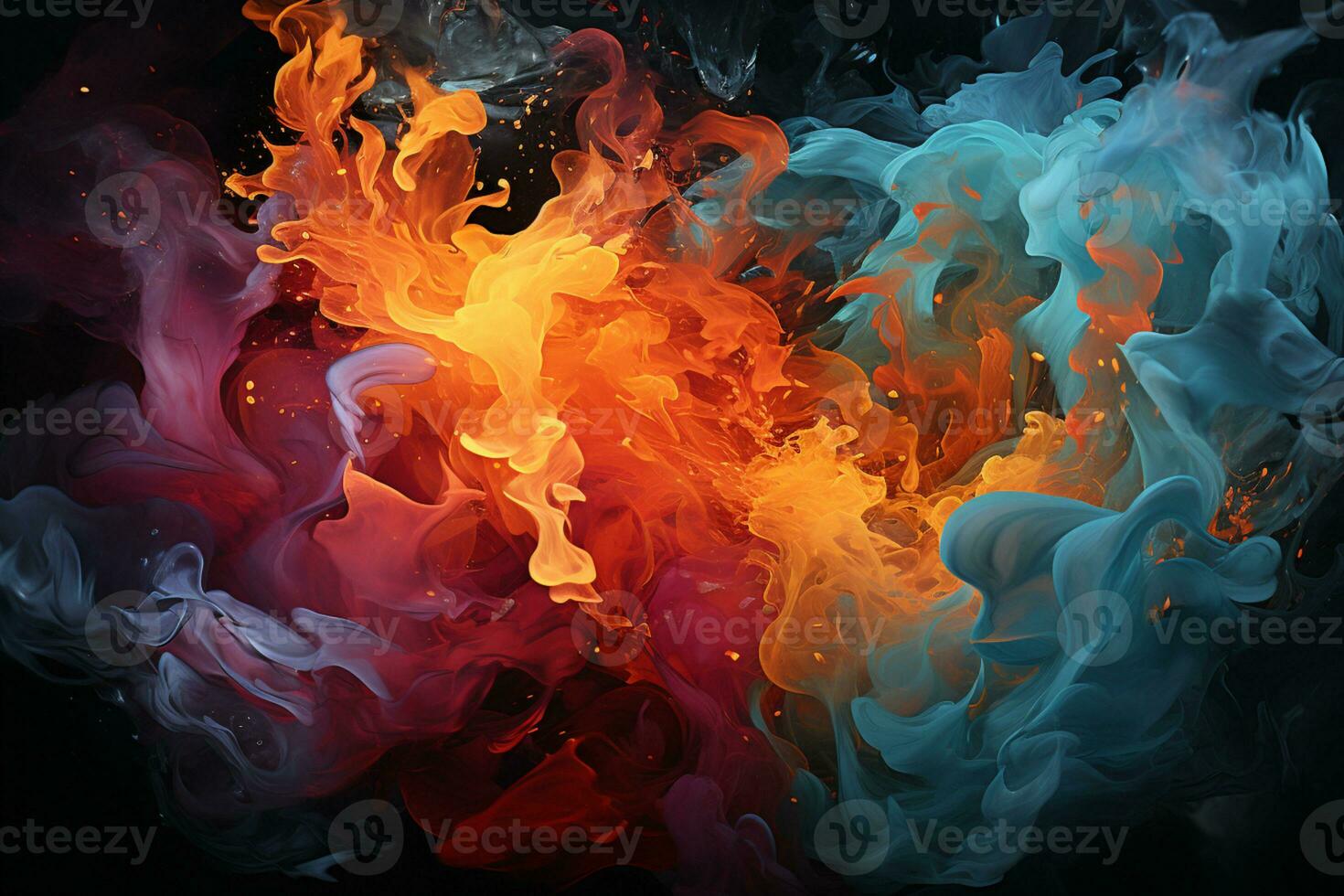 Elemental fusion, Black canvas merges fire and water AI Generated photo