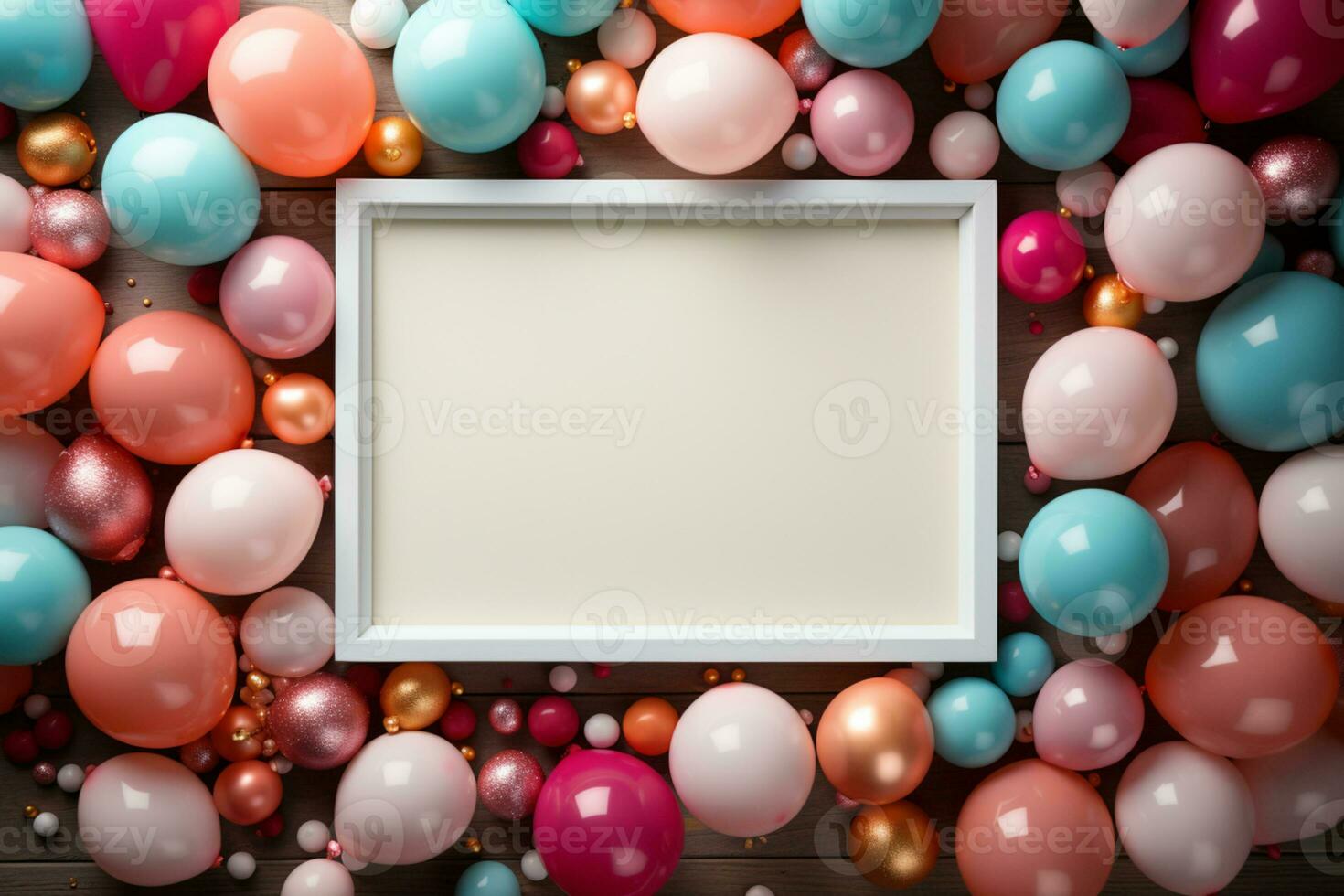 Frame, pastel balloons, confetti, top view birthday mockup AI Generated photo