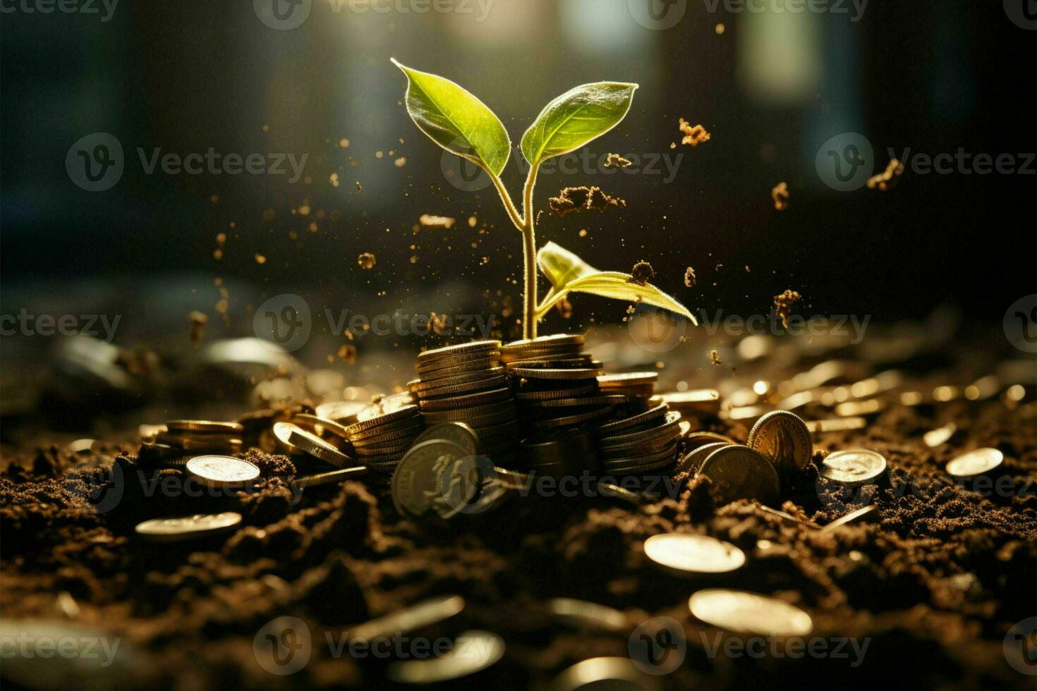 Money blooms in soil, business success nurtured by nature's sunshine AI Generated photo