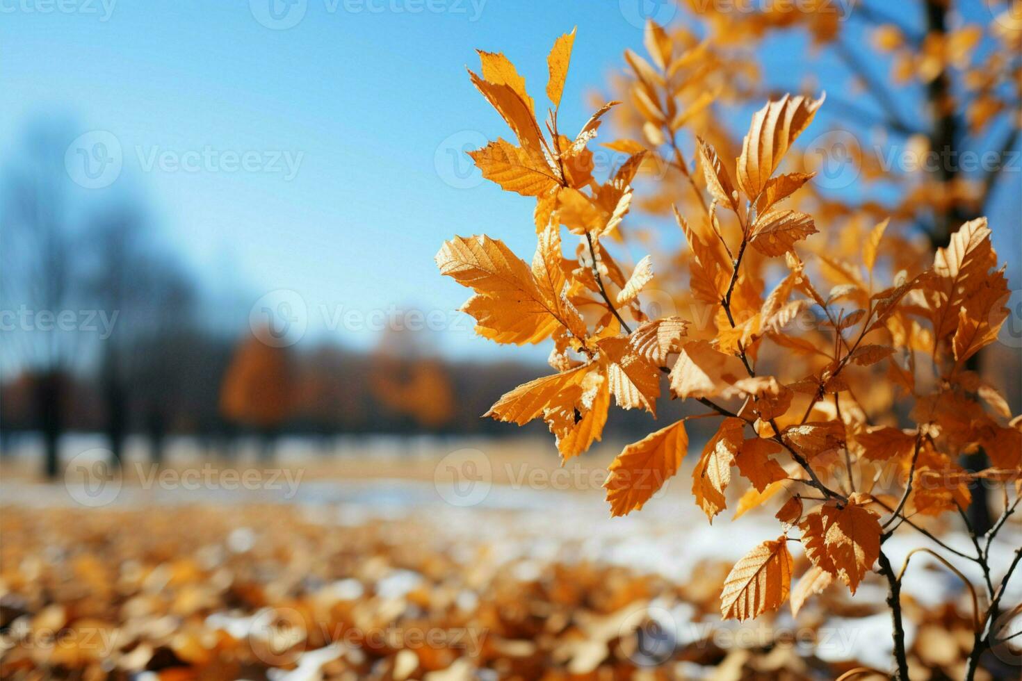 Autumn trees and leaves under a bright blue sky, picturesque scenery AI Generated photo