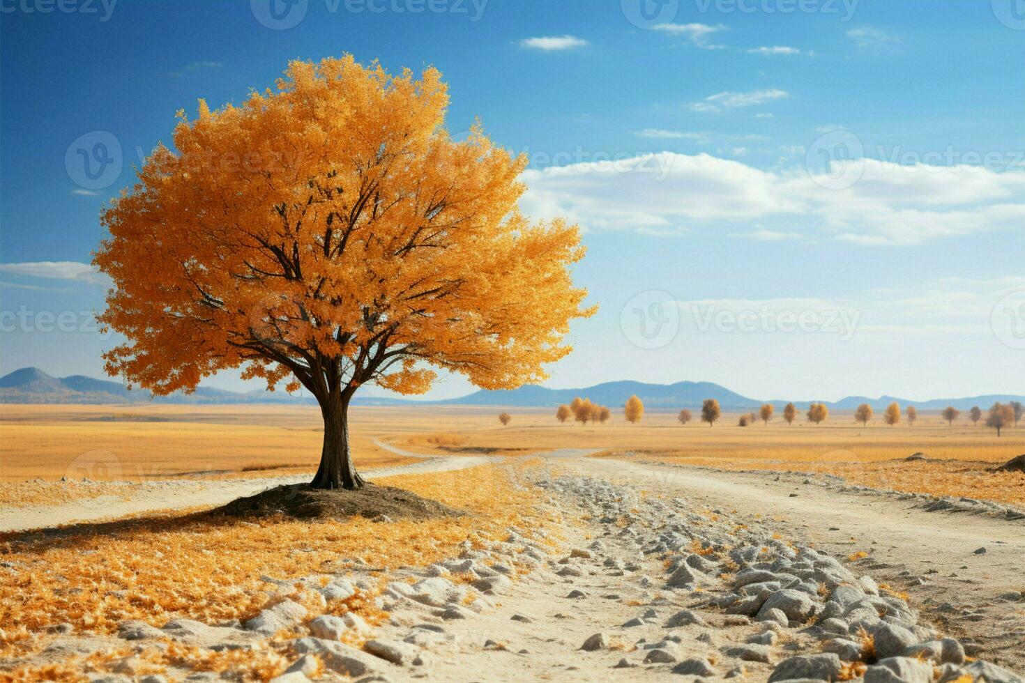Breathtaking seasonal view autumn tree leaves and a clear sky form the landscape AI Generated photo