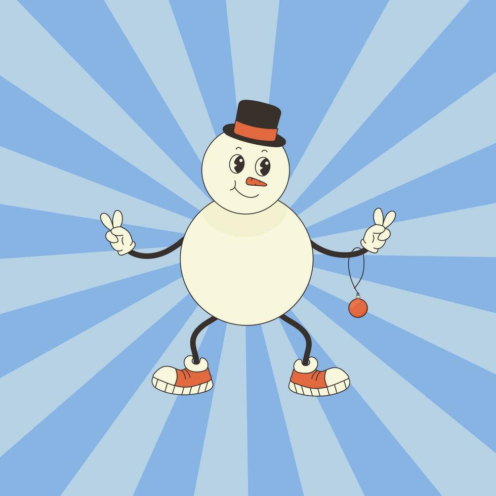 Groovy snowman character in retro style. Vector illustration