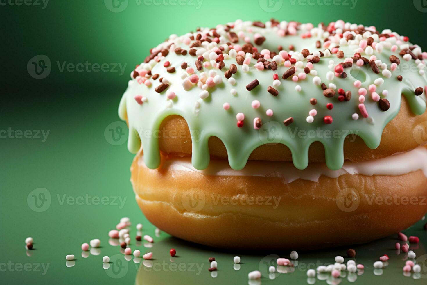 Delectable treat glazed donut with sprinkles on green backdrop, perfect for text AI Generated photo