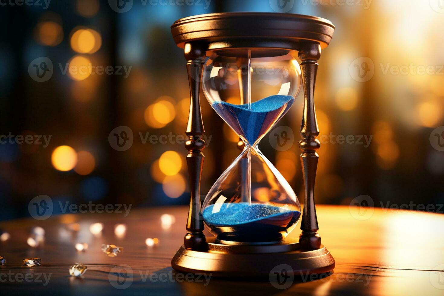 Hourglass on blue background, depicting the passage of time, text space AI Generated photo