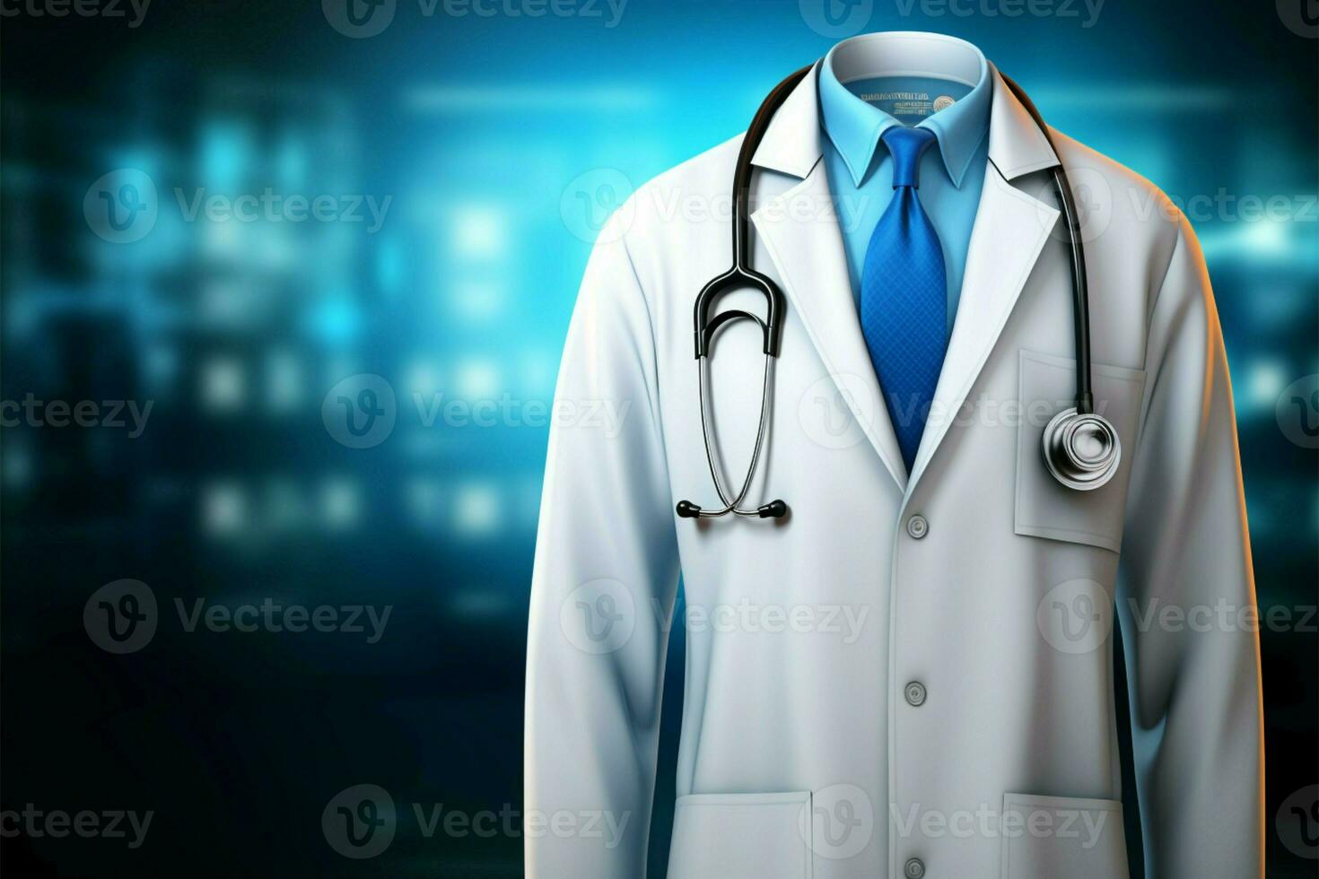 Professional touch Doctors lab coat, stethoscope enhance medical background AI Generated photo