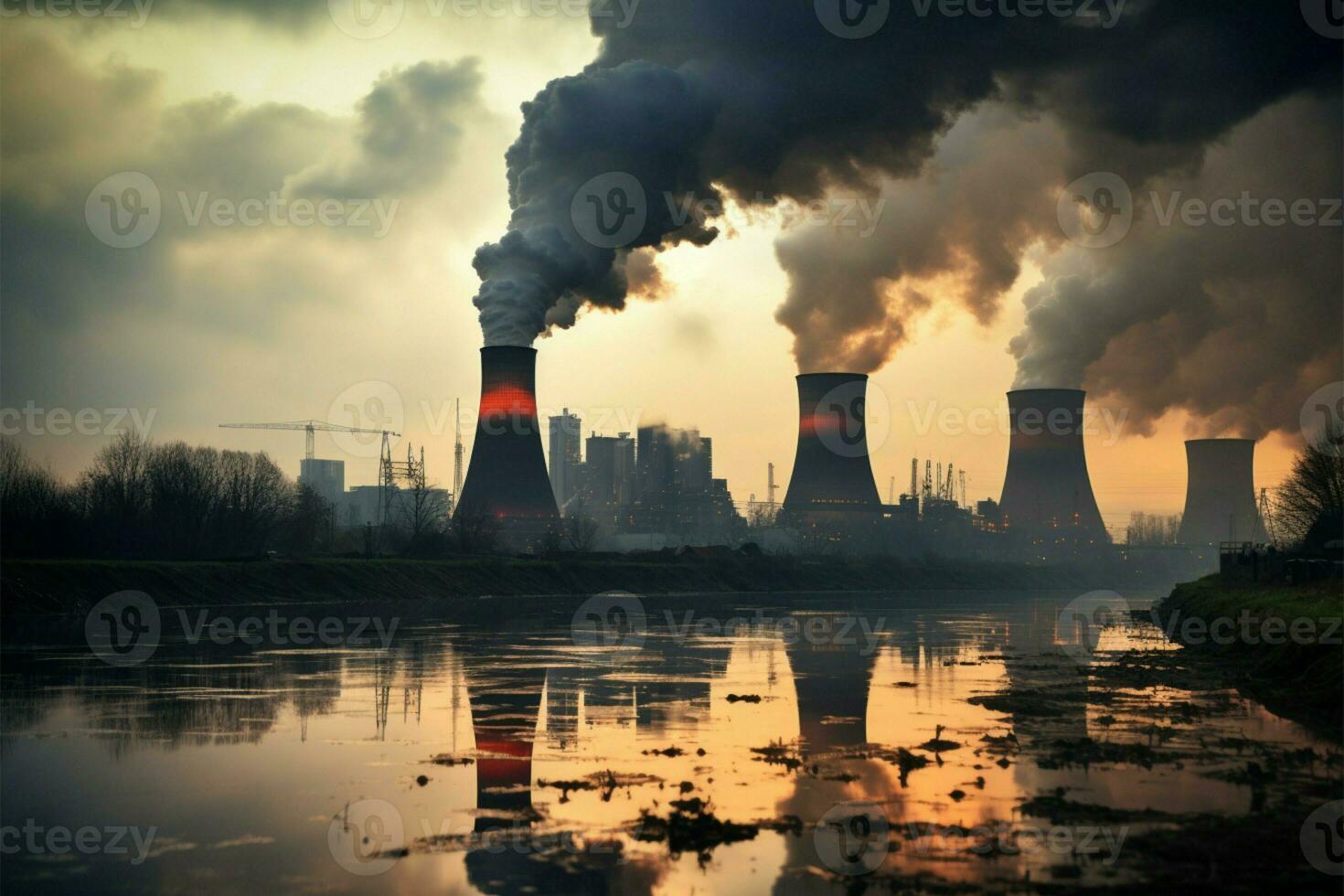 ilustrando industrial contaminación, fábrica emite grueso plumas de visible fumar ai generado foto