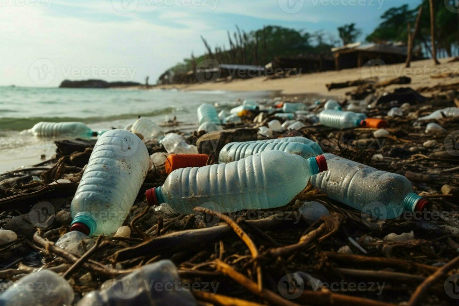 Beach littered with used plastic bottles, highlighting environmental pollution AI Generated photo