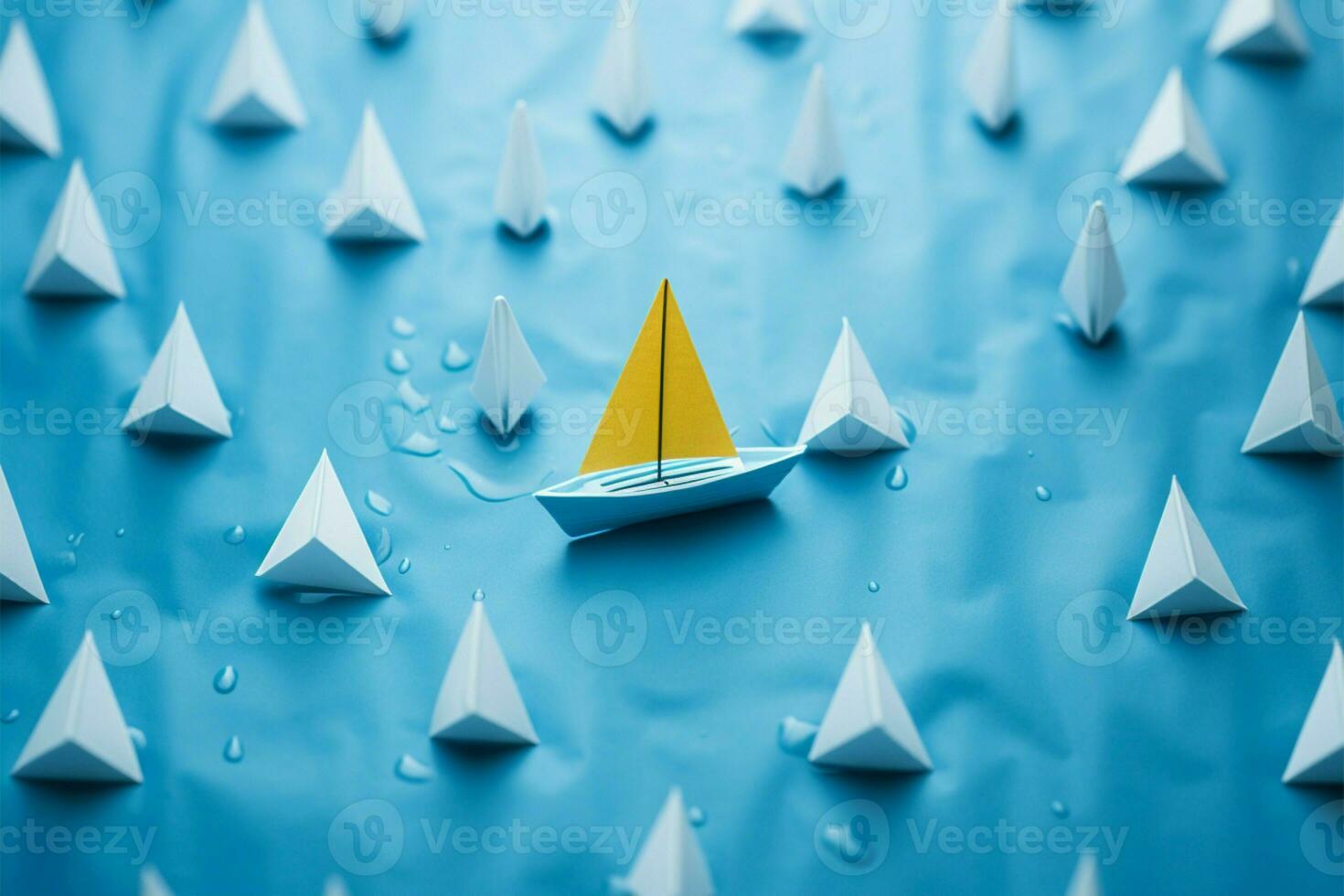 Front view of a blue paper boat amid a white armada AI Generated photo