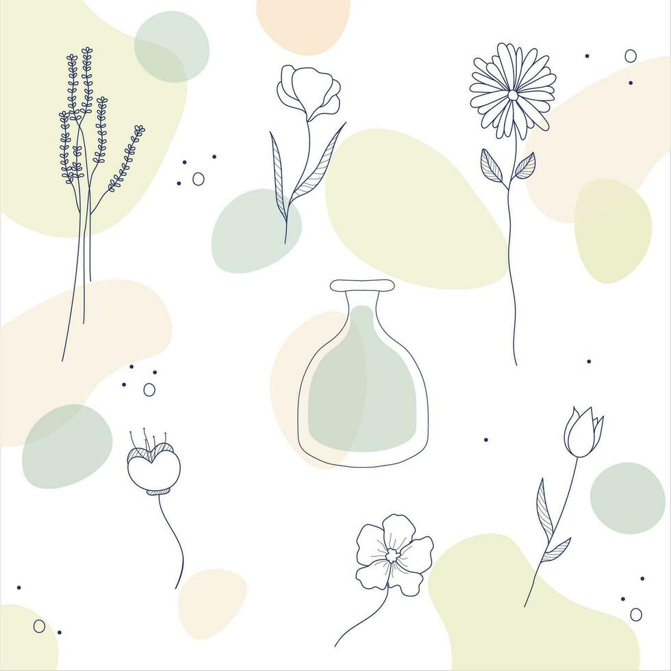 Vector hand-drawn floral set with flowers and a vase. For postcards, posters, backgrounds, templates