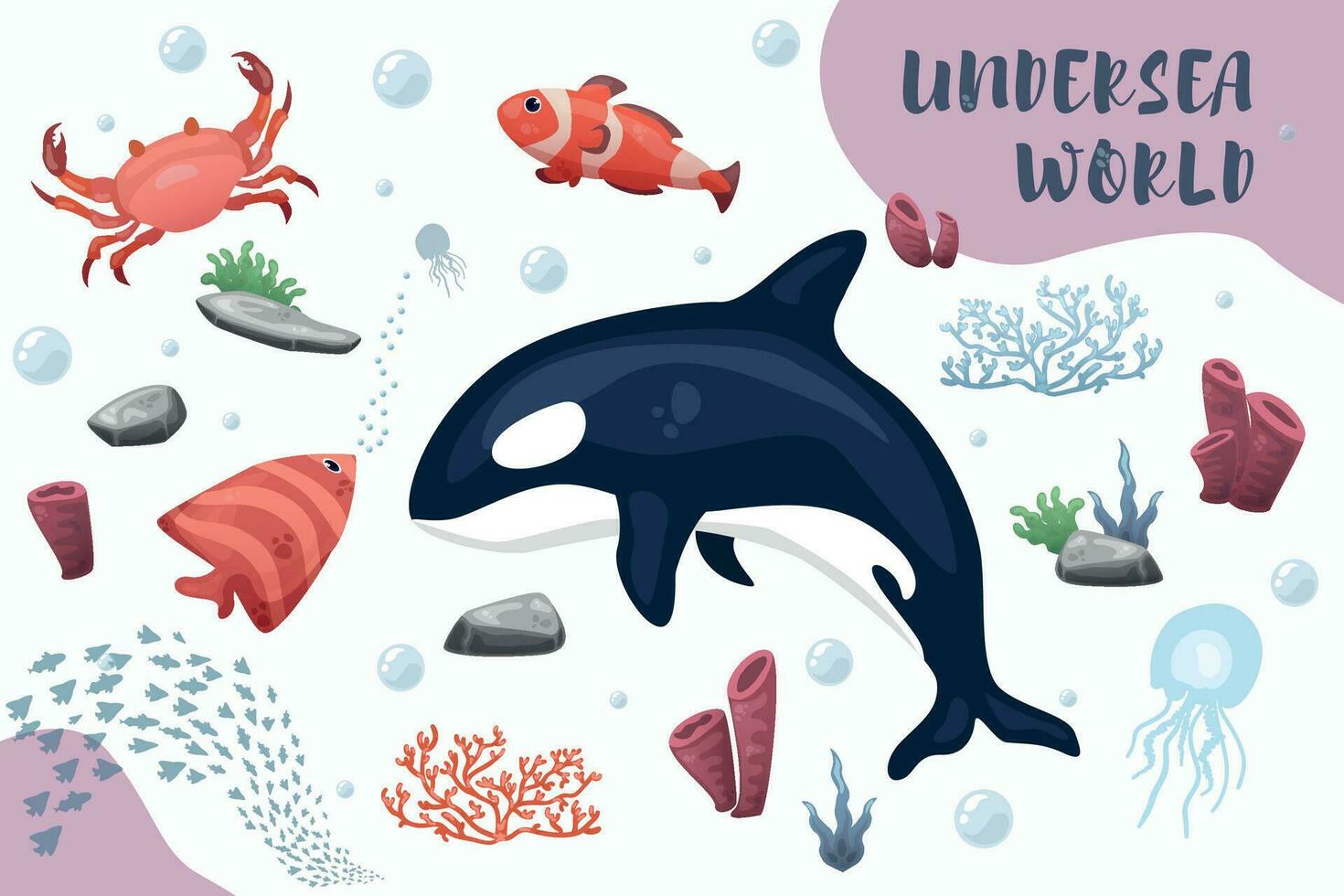 Vector cartoon set of cute sea creatures including underwater animals, plants and rocks. Killer whale, fish, crab, corals, shoal of fish