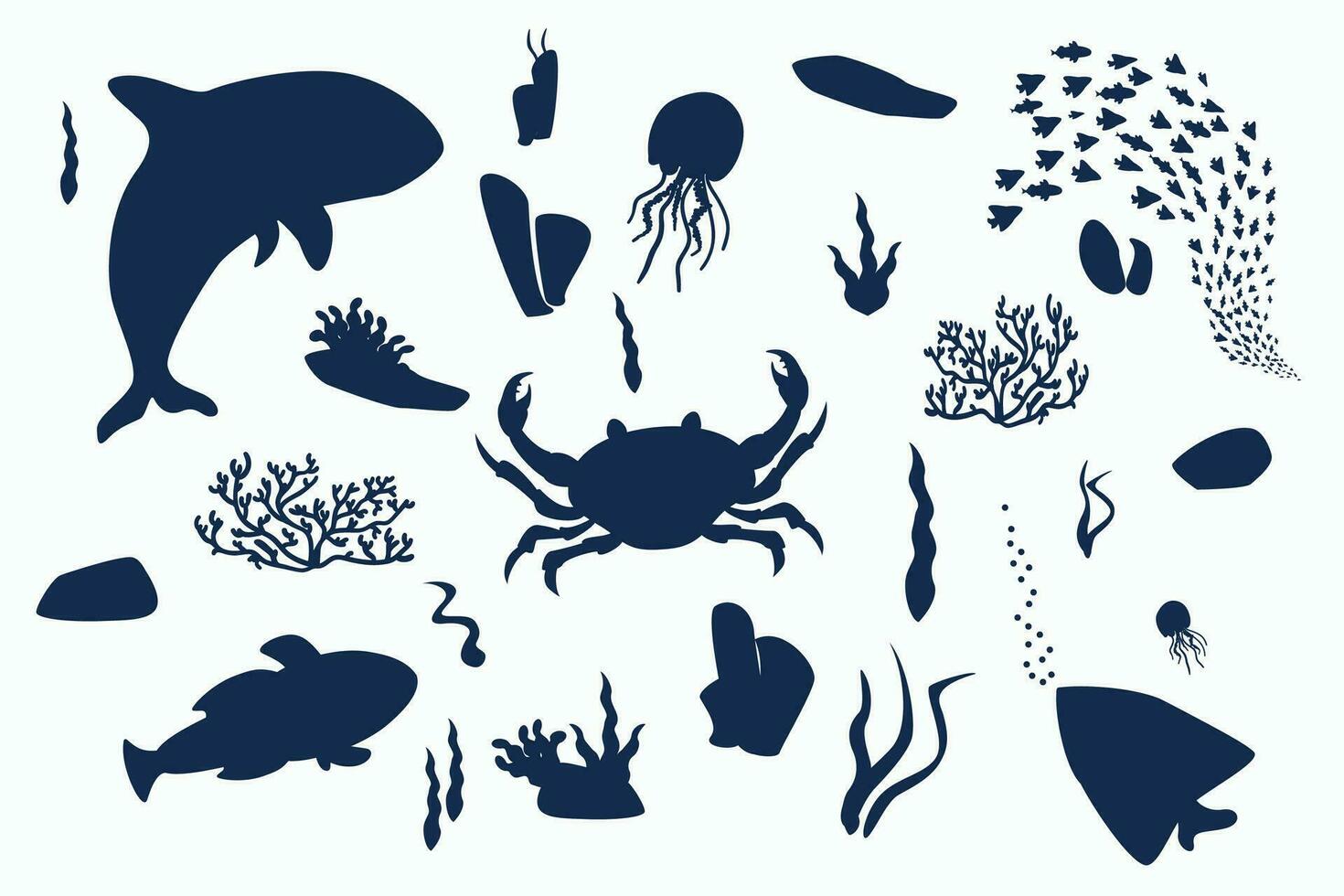 Vector set of marine silhouettes. Monochrome underwater figures of plants and corals, rocks and animals such as crab, killer whale, jellyfish, fish.