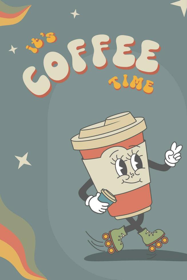 vector maravilloso mascota de café. Clásico estilo 60s y 70s retro póster