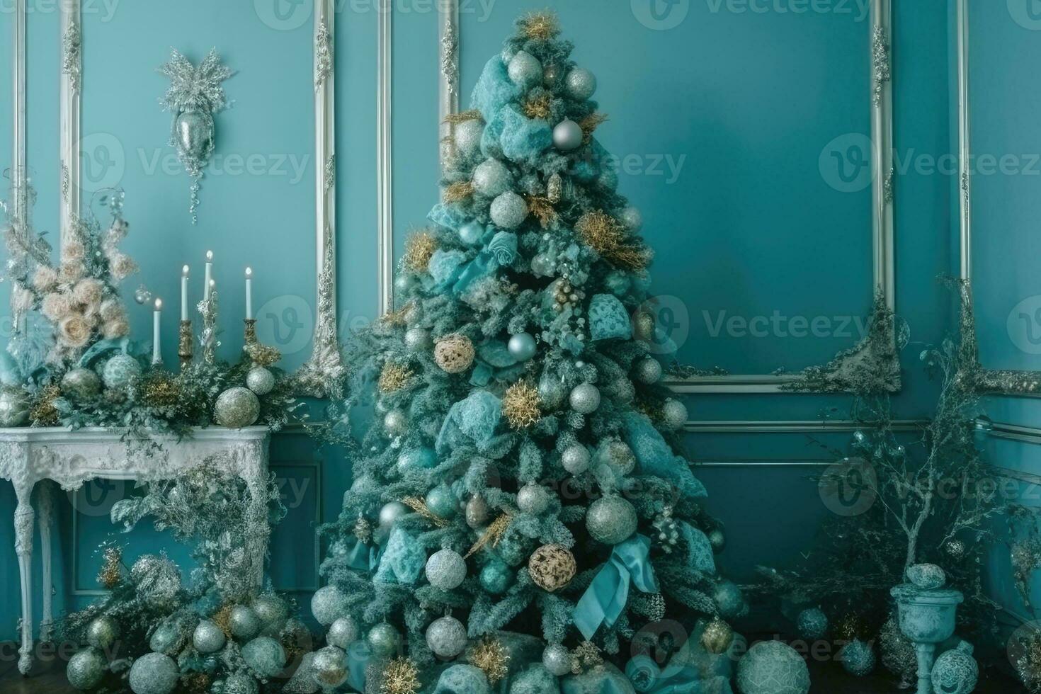 beautifully decorated Christmas tree in a cozy blue room photo