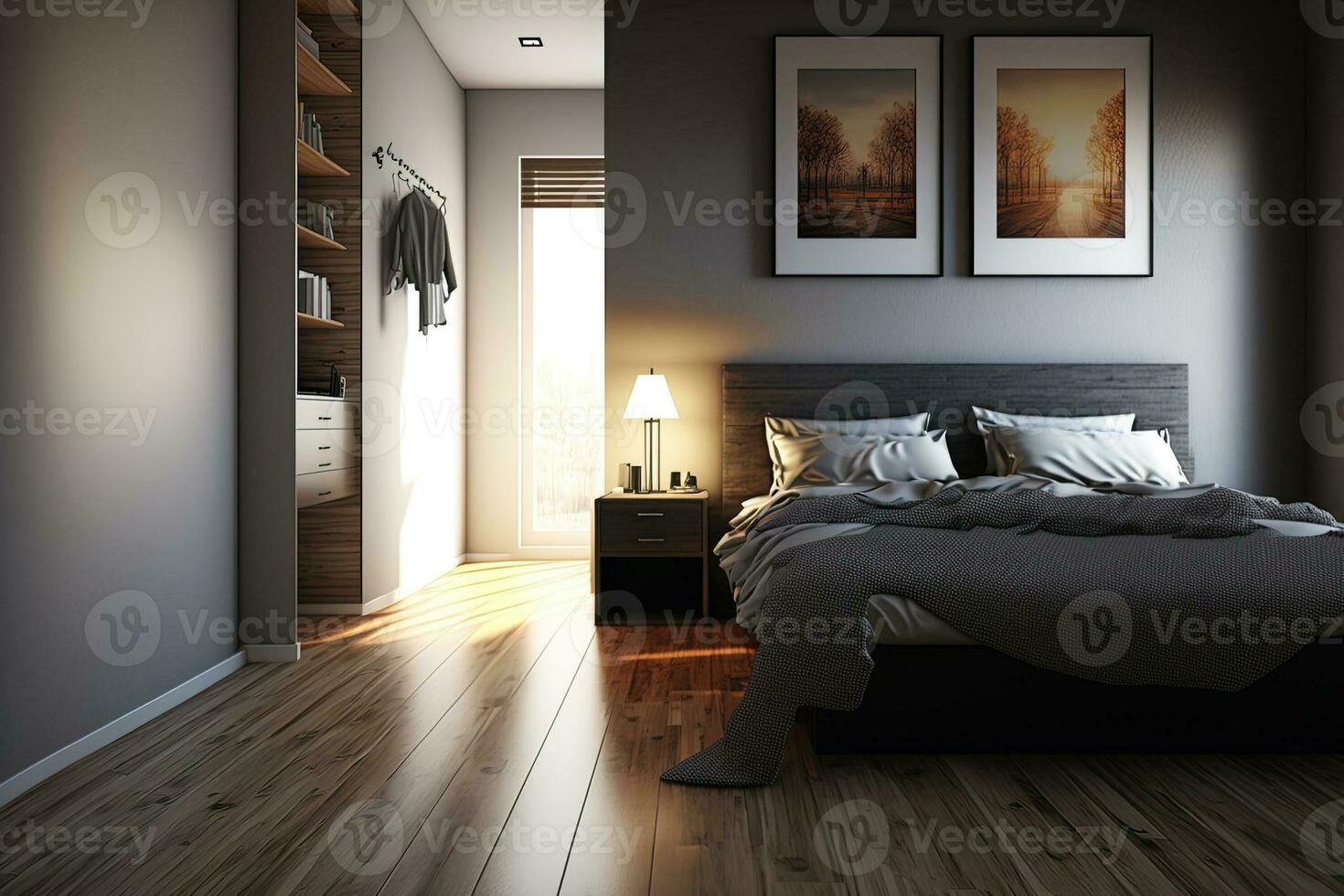 Interior of a bedroom with a wooden floor, a double bed, and a nightstand photo