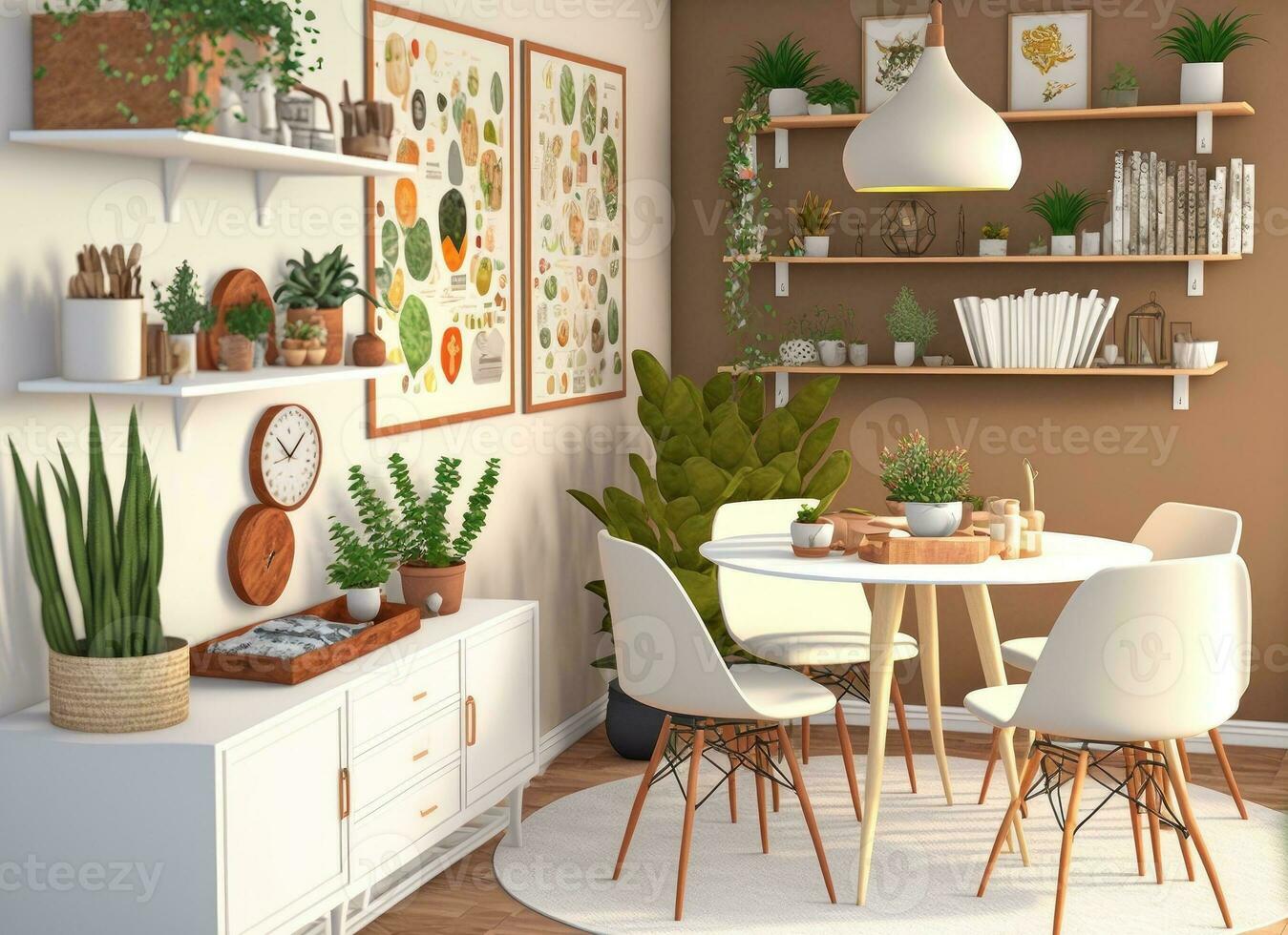 In a natural dining area with white chairs, plants, and wooden shelves, there is a pouf and a brown rug close to a white cupboard photo