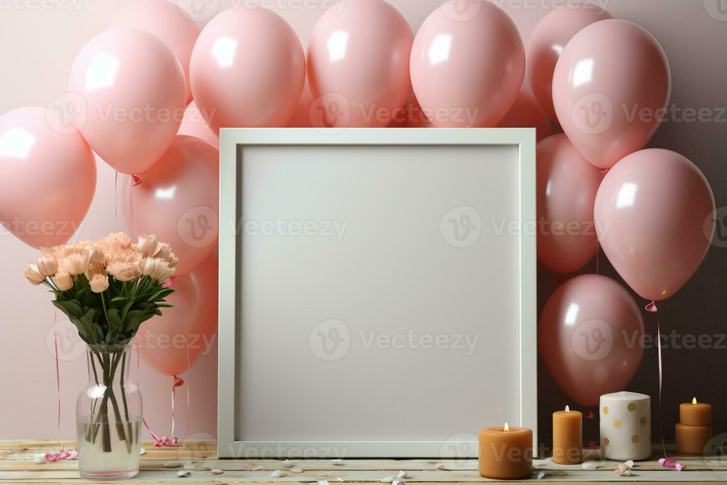 Birthday mockup with frame, pastel balloons and confetti on pink table top view Flat lay style AI Generated photo