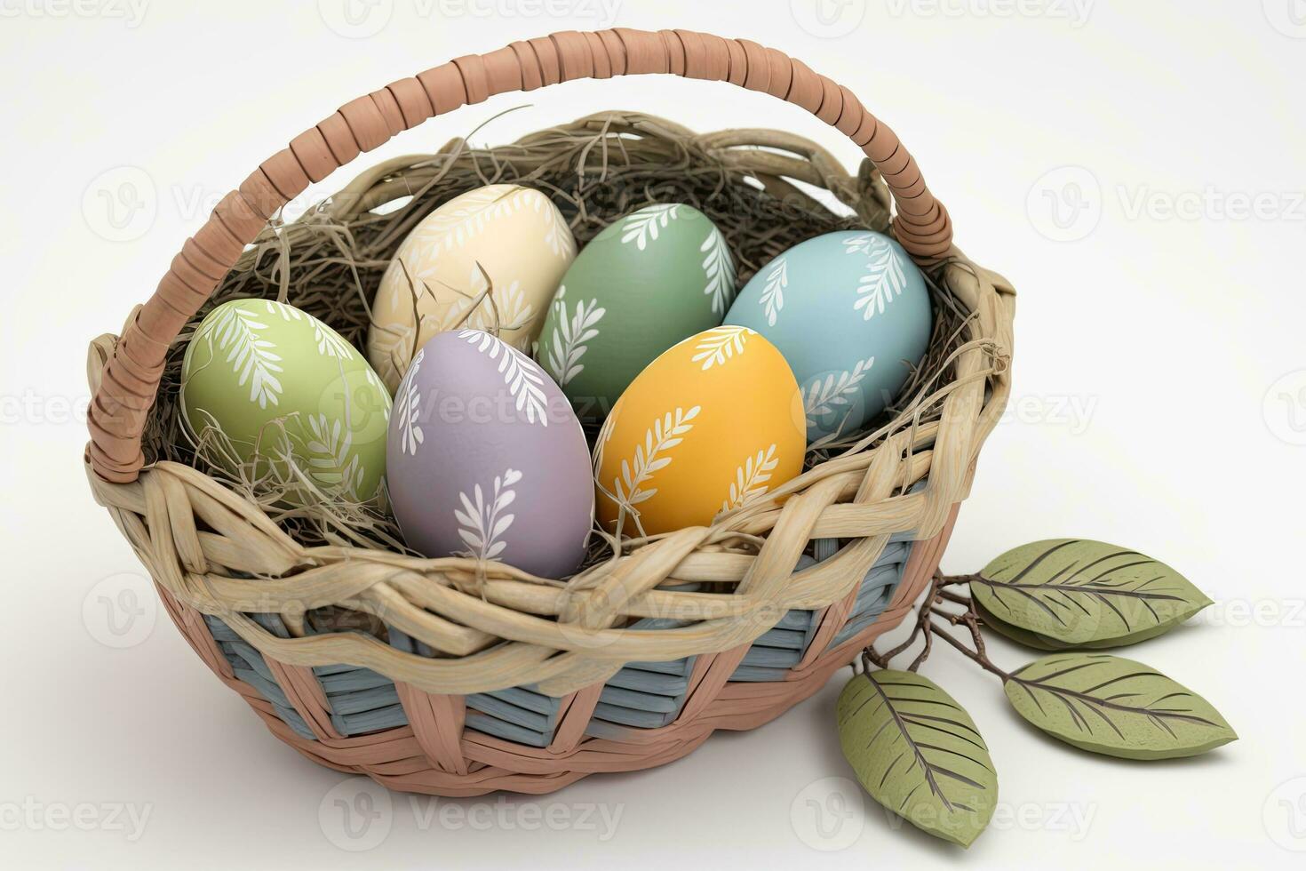 festive Easter basket filled with colorful eggs on a tabletop photo