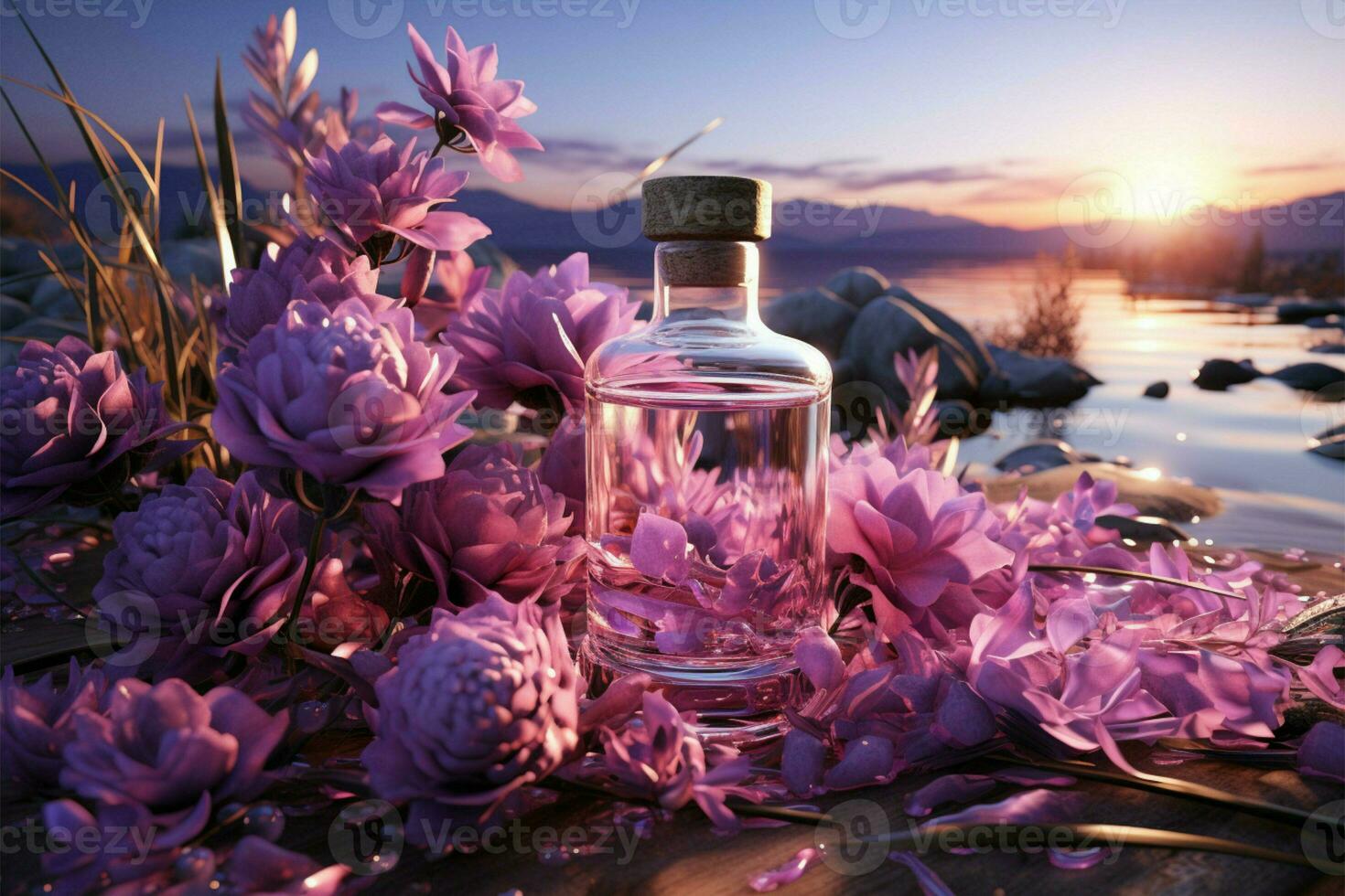 Lavender oasis with essential oils, a panoramic banner for relaxation and well-being AI Generated photo