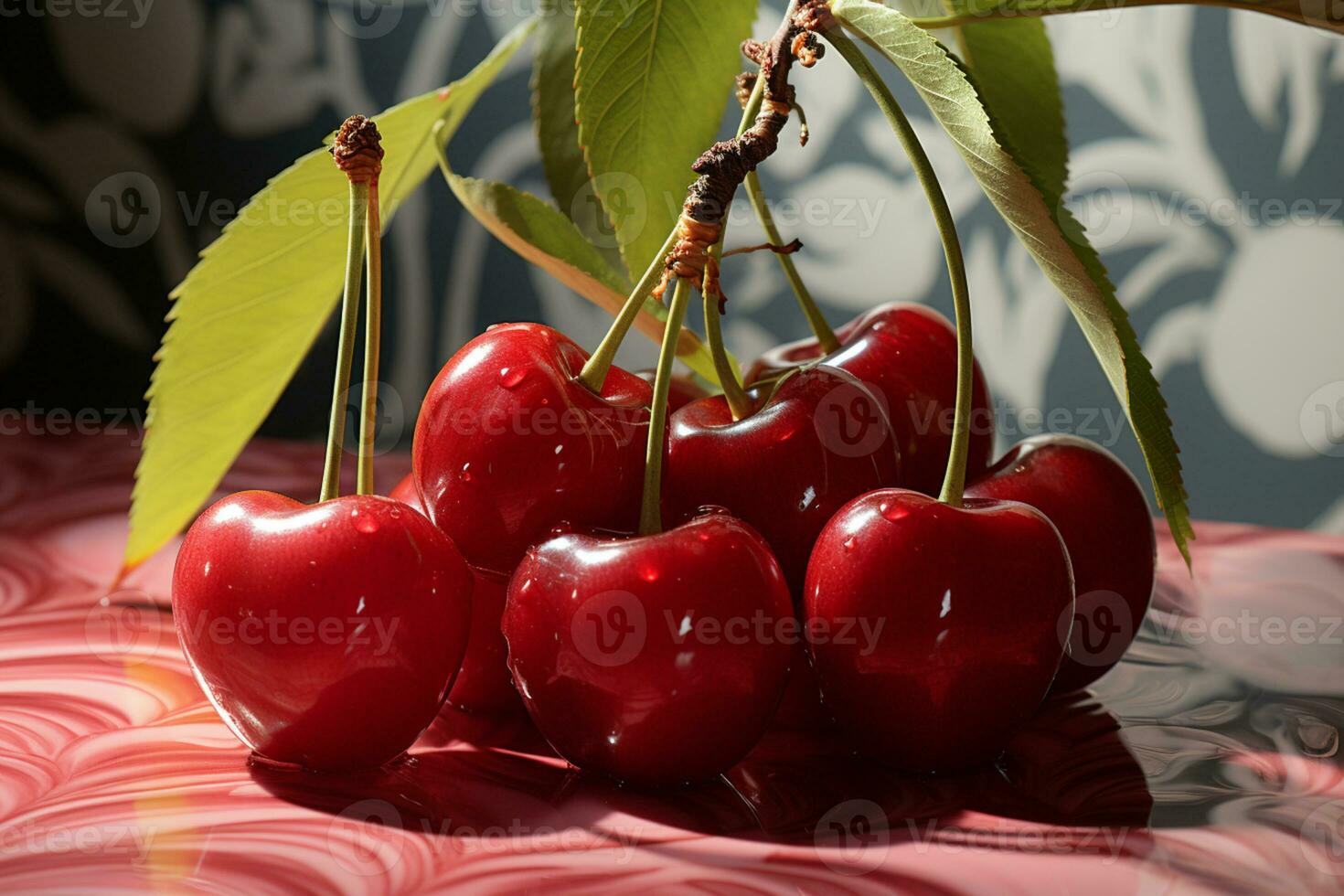 Natural beauty cherries grace a white surface, shadows adding depth AI Generated photo