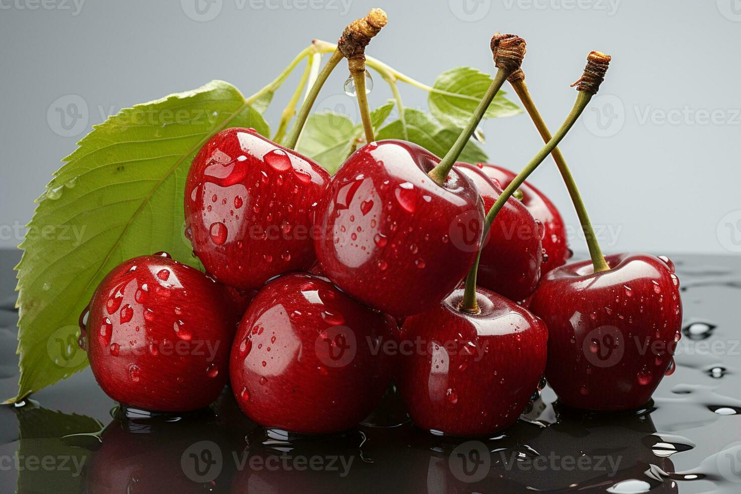 Cherries gleam on a pristine white backdrop, casting delicate shadows AI Generated photo