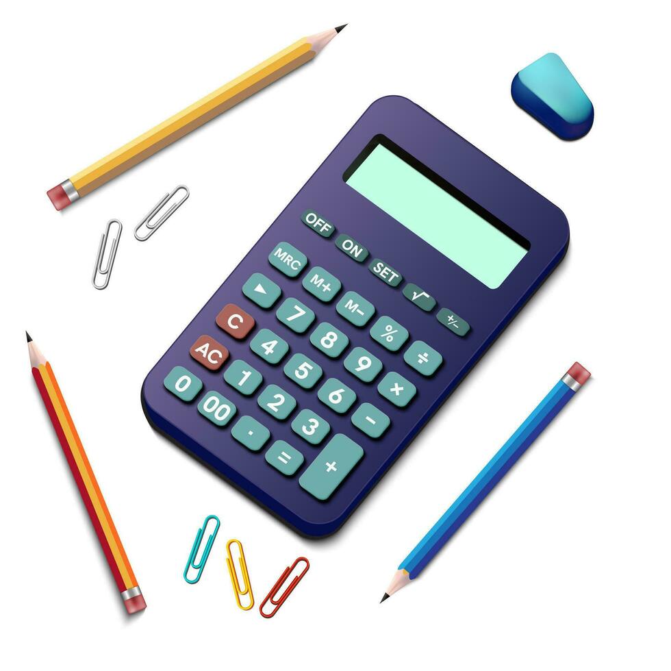 Electronic calculator. Digital calculator with pencil, clip and eraser, isolated on white background. Vector illustration EPS 10.