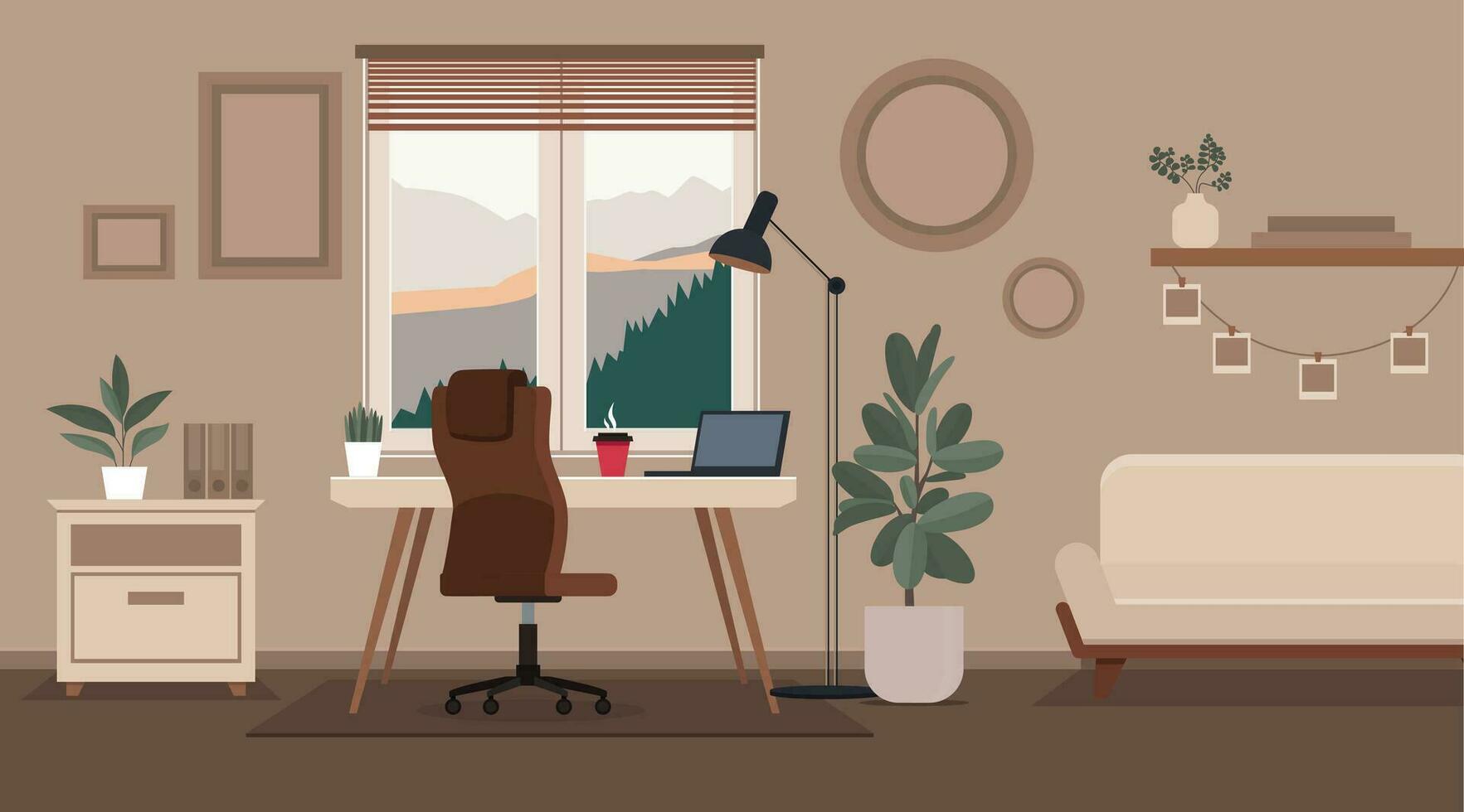 Cozy home workplace. No people home office illustration. Loft style interior, freelance workspace. Cartoon style room with table, window, lamp, sofa, laptop vector