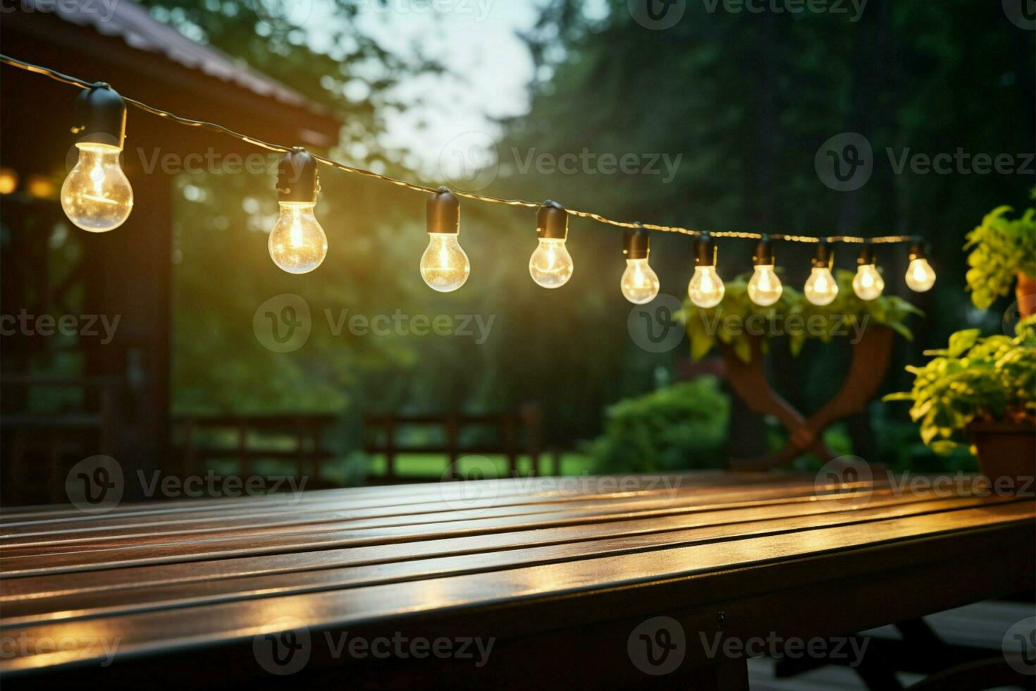 Lights dangle from the wooden porch ceiling, guiding to the garden AI Generated photo