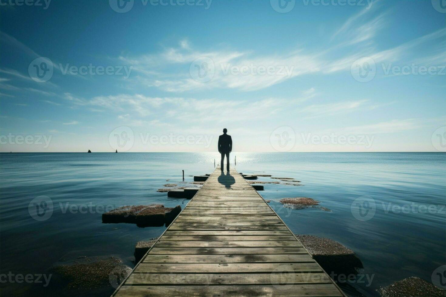 Man stands on a pier, gazing into the distant ocean AI Generated photo
