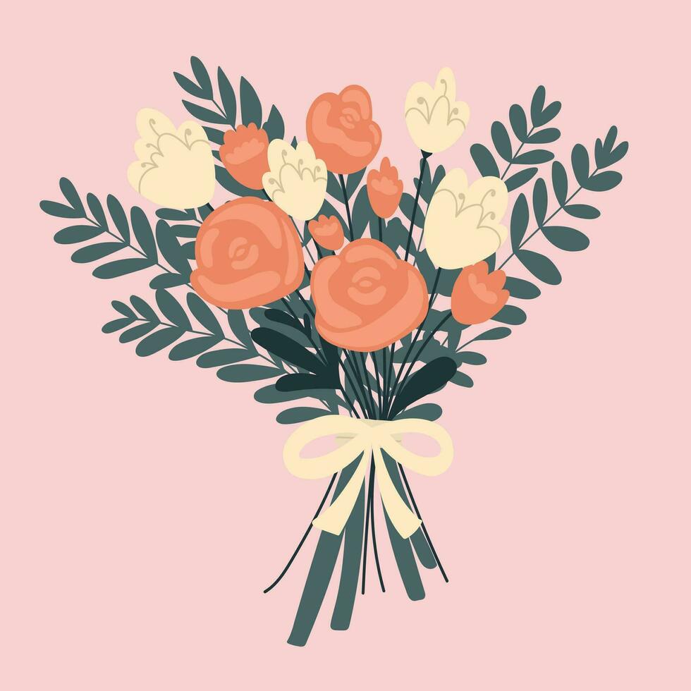 Postcard in flat style. A beautiful, lush bouquet of fresh flowers. vector