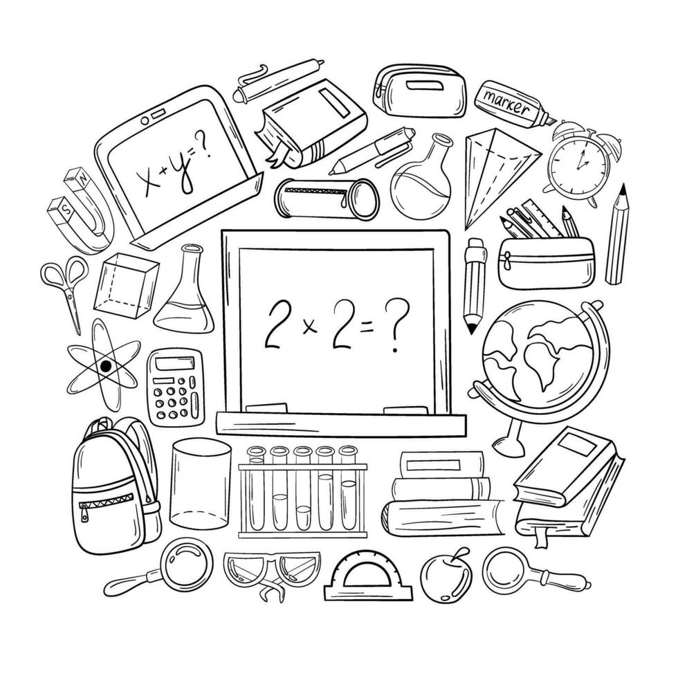 Doodle black and white pattern. A set of careless elements on the theme of education, labor and science. vector