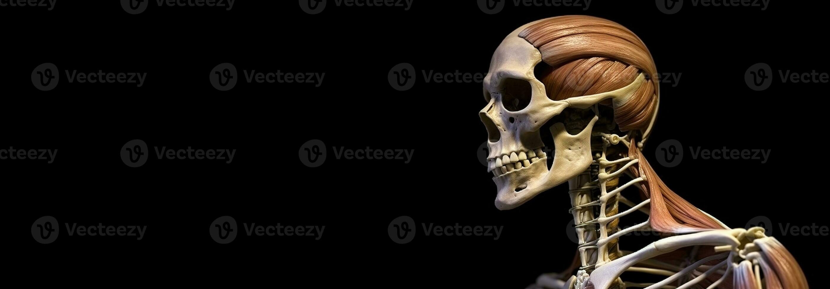 Anatomical structure of muscular system of human body, dark background. AI generated. photo