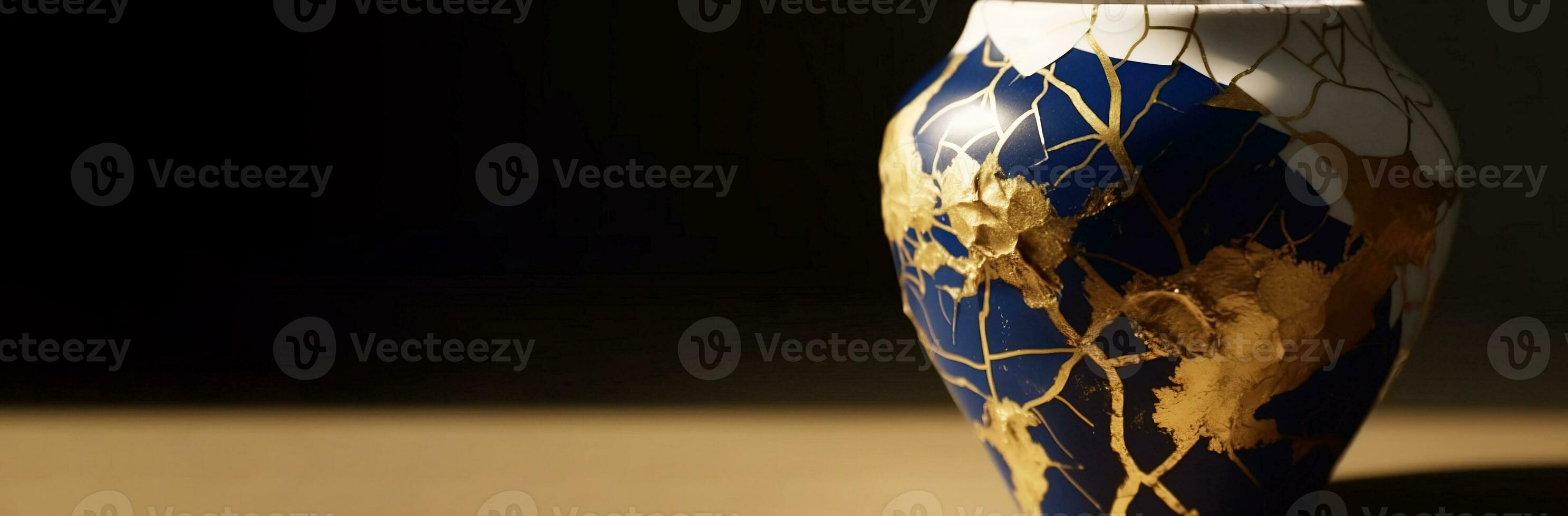 Kintsuki, Japanese pottery. Utensils glued with gold are not concept of constancy, imperfection of world. AI generated. photo