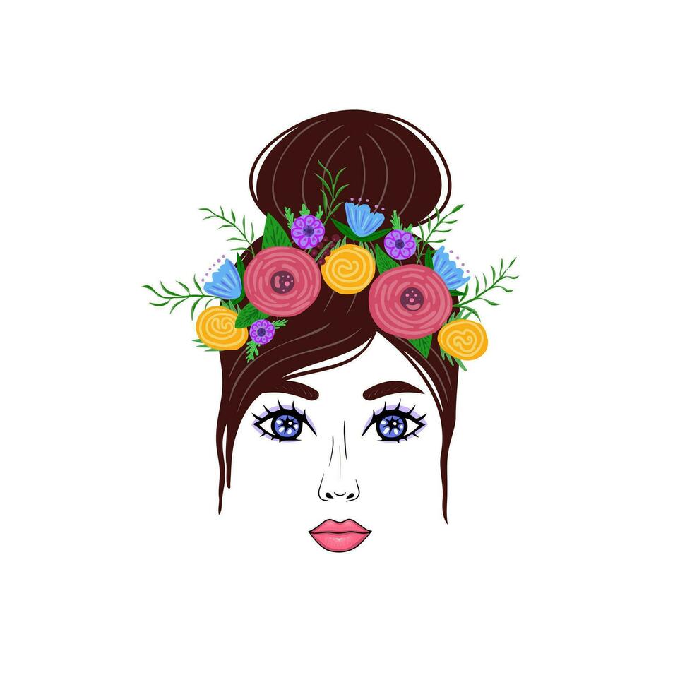 Brunette girl with flower wreath. Illustration for printing, backgrounds, covers and packaging. Image can be used for greeting card, poster, sticker and textile. Isolated on white background. vector