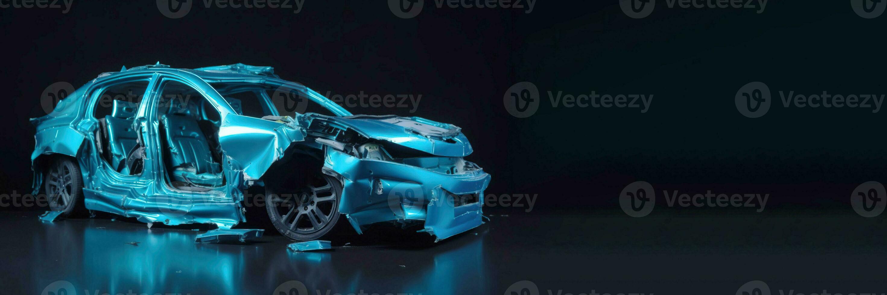 Car accident, broken damaged body metal. Life insurance, technology. Blue car black background. AI generated. photo