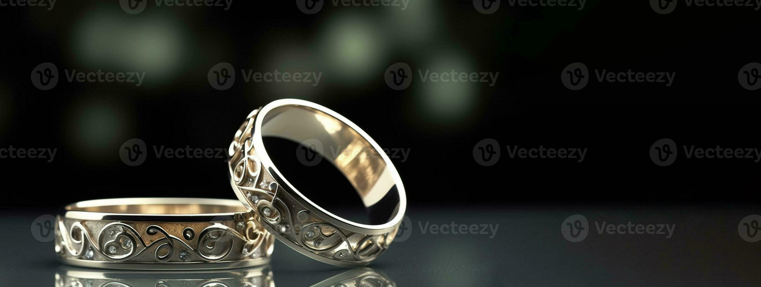 Two engagement wedding ceremonial gem rings with stones, blurred background. AI generated. photo