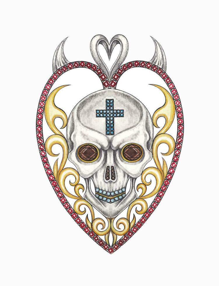 Jewelry design art vintage mix fancy heart skull pendant hand drawing and painting make graphic vector. vector