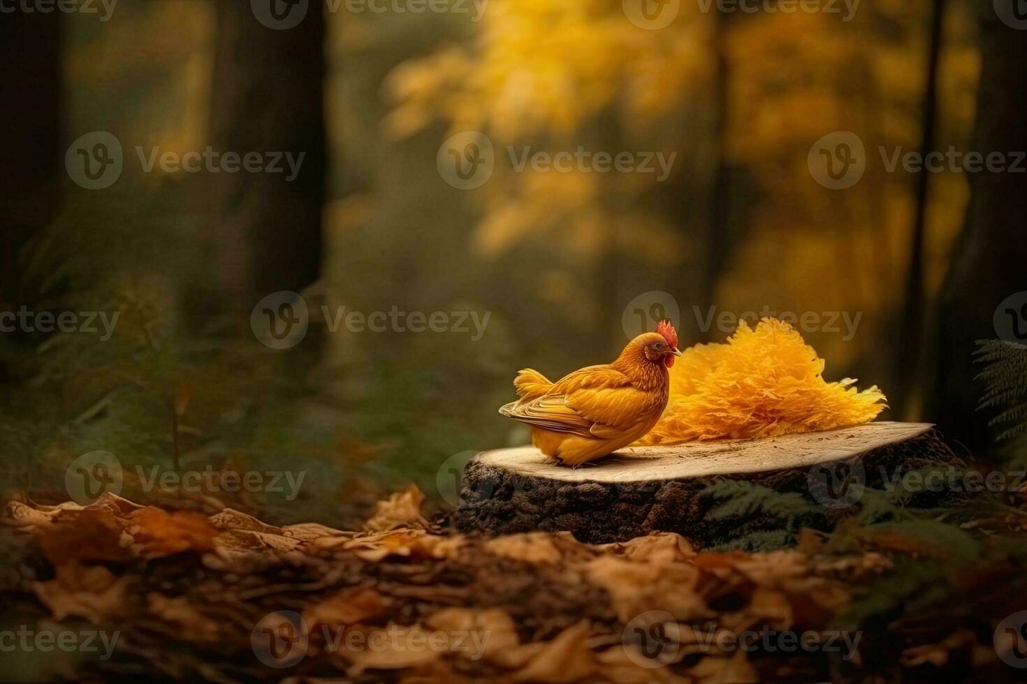 two chickens perched on a tree stump in a rural setting photo