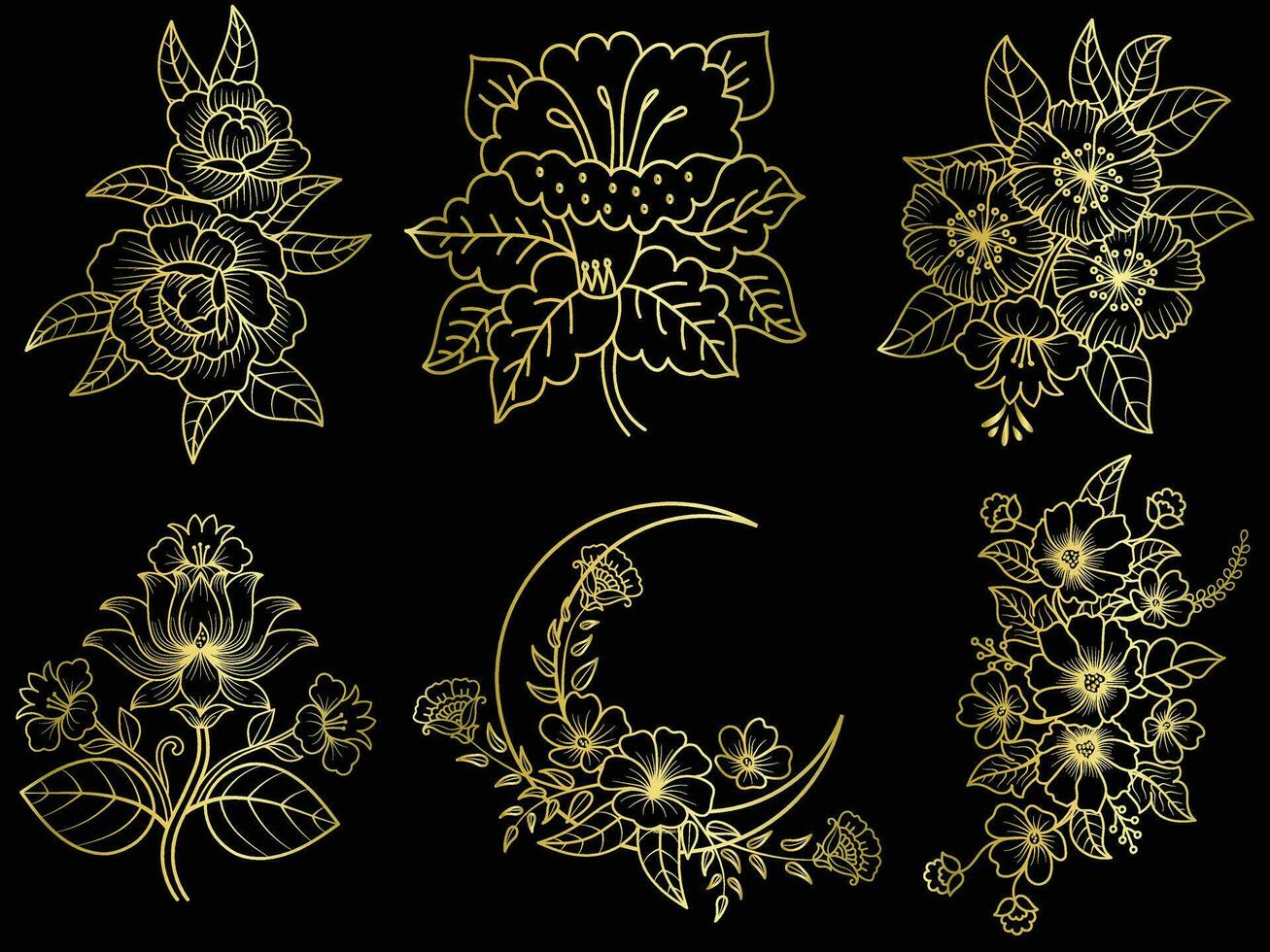 Golden vintage floral elements art decor style decoration. vector