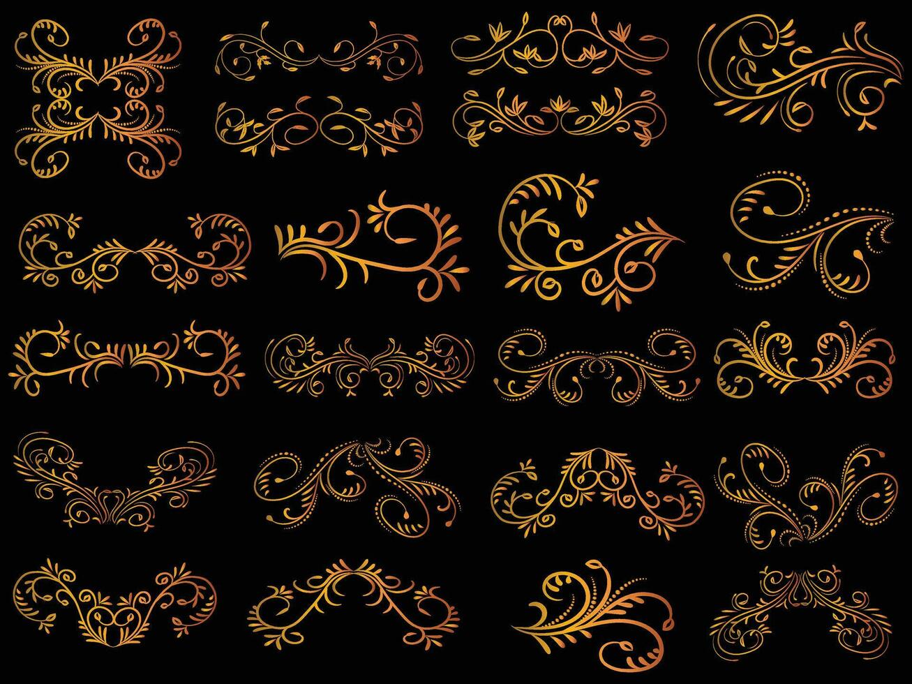 Golden vintage floral elements art deco style decorative border frames and dividers. vector