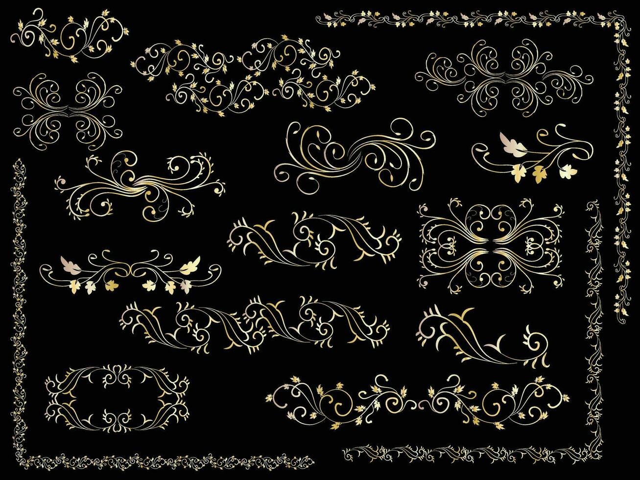 Golden vintage floral elements art deco style decorative border frames and dividers. vector